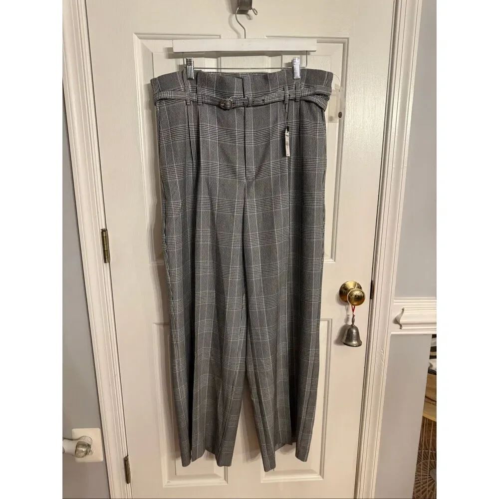 Express Wide Leg High Rise Paper Bag Waist Plaid Trouser Pants Sz 16 NWT